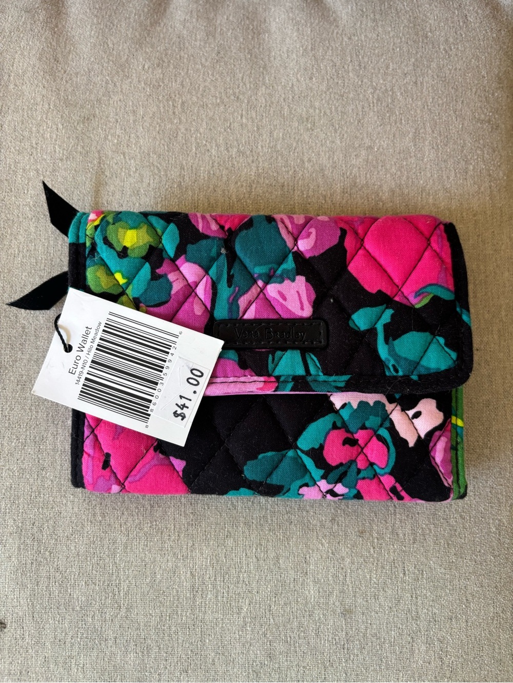 Vera Bradley Quilted Floral Trifold Wallet - Black, Hot Pink & Teal - Picture 2 of 11